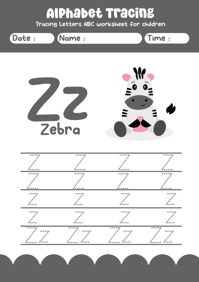 Alphabet tracing worksheet. A-Z writing pages. Letter Z uppercase and lowercase tracing with cartoon zebra . Handwriting exercise for kids vector