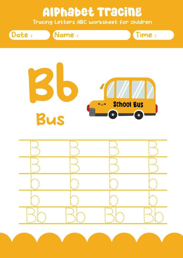 Alphabet tracing worksheet. A-Z writing pages. Letter B uppercase and lowercase tracing with cartoon bus . Handwriting exercise for kids vector