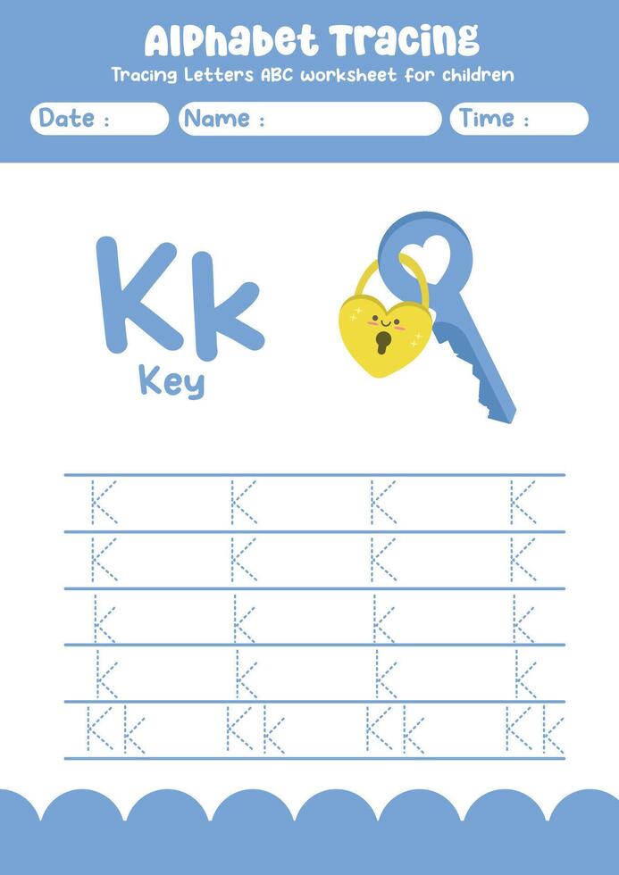 Alphabet tracing worksheet. A-Z writing pages. Letter K uppercase and lowercase tracing with cartoon key . Handwriting exercise for kids vector