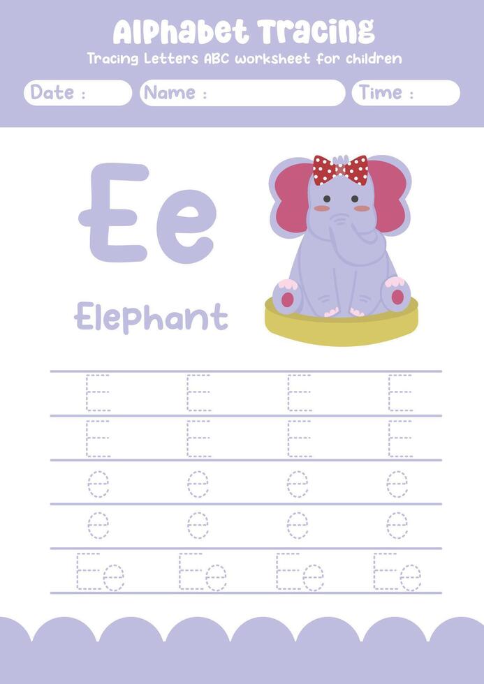 Alphabet tracing worksheet. A-Z writing pages. Letter E uppercase and lowercase tracing with cartoon elephant . Handwriting exercise for kids vector