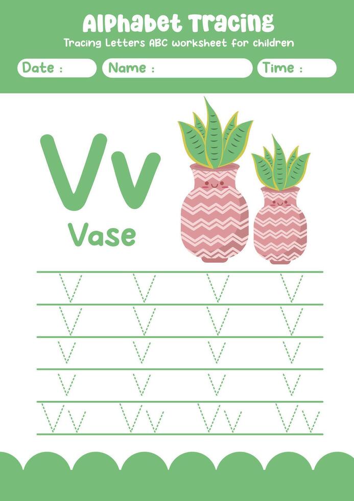 Alphabet tracing worksheet. A-Z writing pages. Letter V uppercase and lowercase tracing with cartoon vase . Handwriting exercise for kids vector