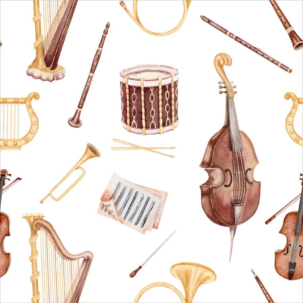Seamless pattern with classical music instruments. Drum Bass and Harp with sheet music violin flute and clarinet. Vintage style hand drawn watercolor illustration isolated on white background 47404340...