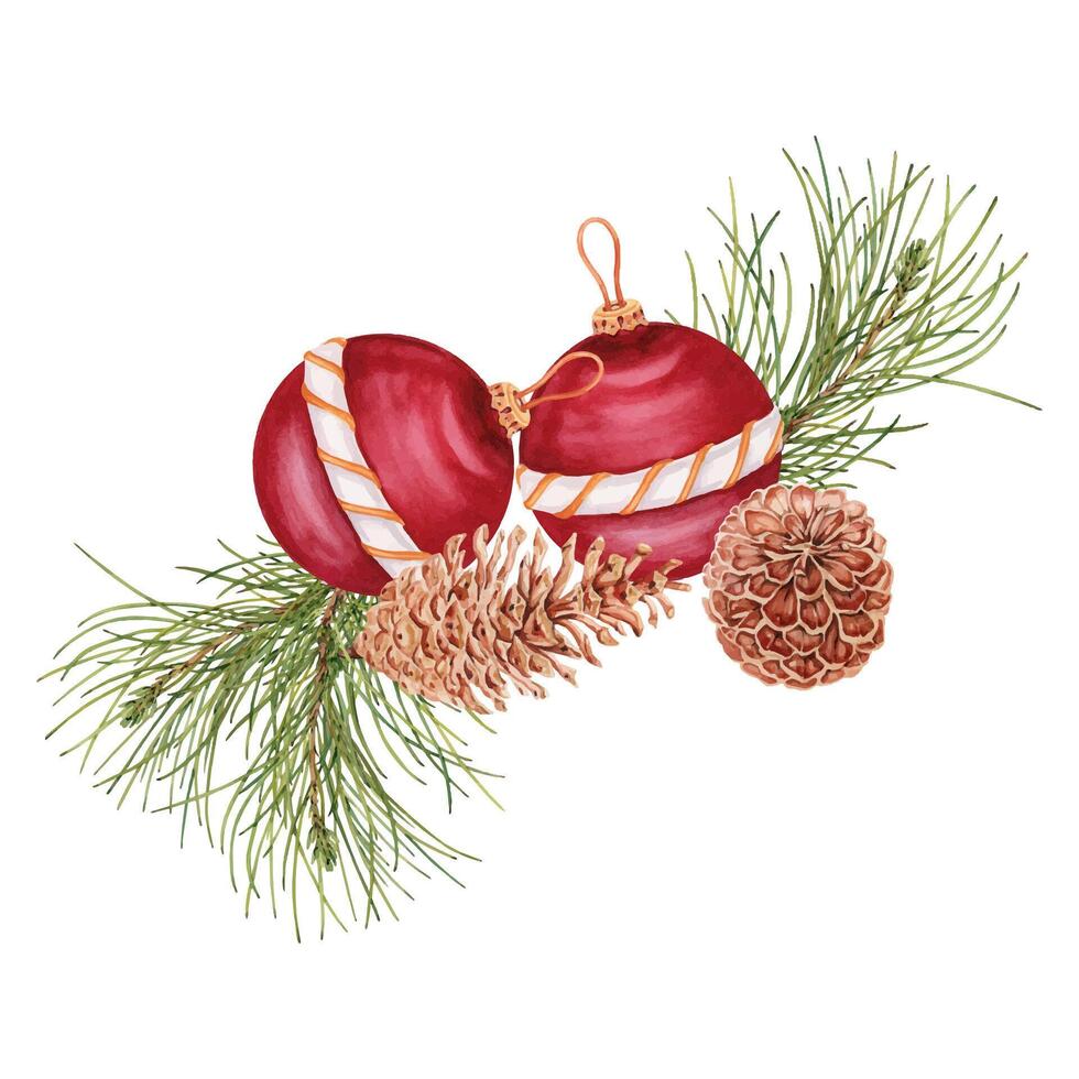 Christmas festive composition with red decorative balls and pine cones with soft pine needle bristles. Hand drawn watercolor illustration isolated on white background. Holiday seasonal card design vector
