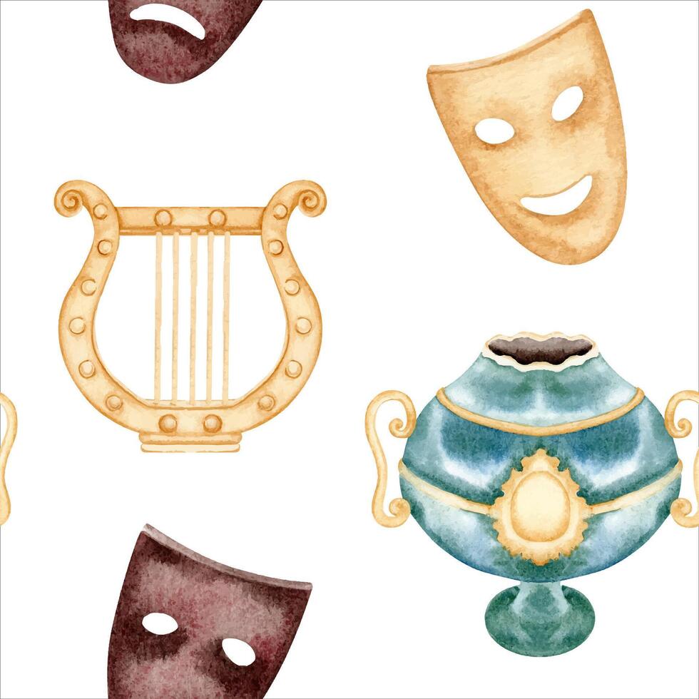 Seamless pattern with theatre comedy and tragedy masks, antique vase and golden greek lyre music instrument. Hand drawn watercolor illustration isolated on white background. For fabrics or wallpaper vector