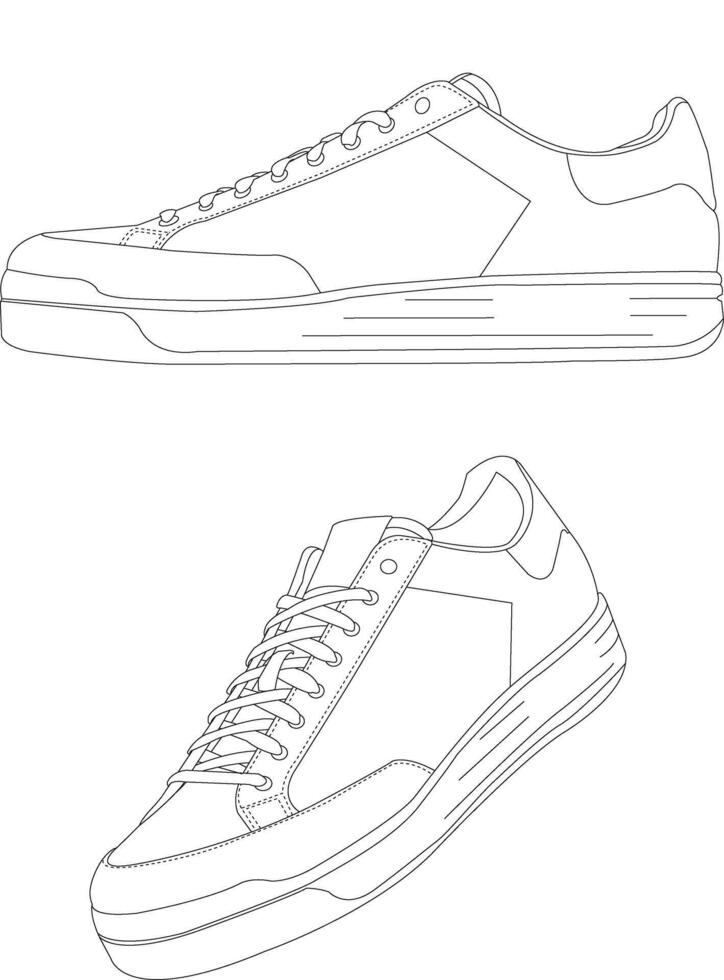 Shoes sneaker outline drawing, Sneakers drawn in a sketch style, black line sneaker trainers template outline, Shoes Illustration vector