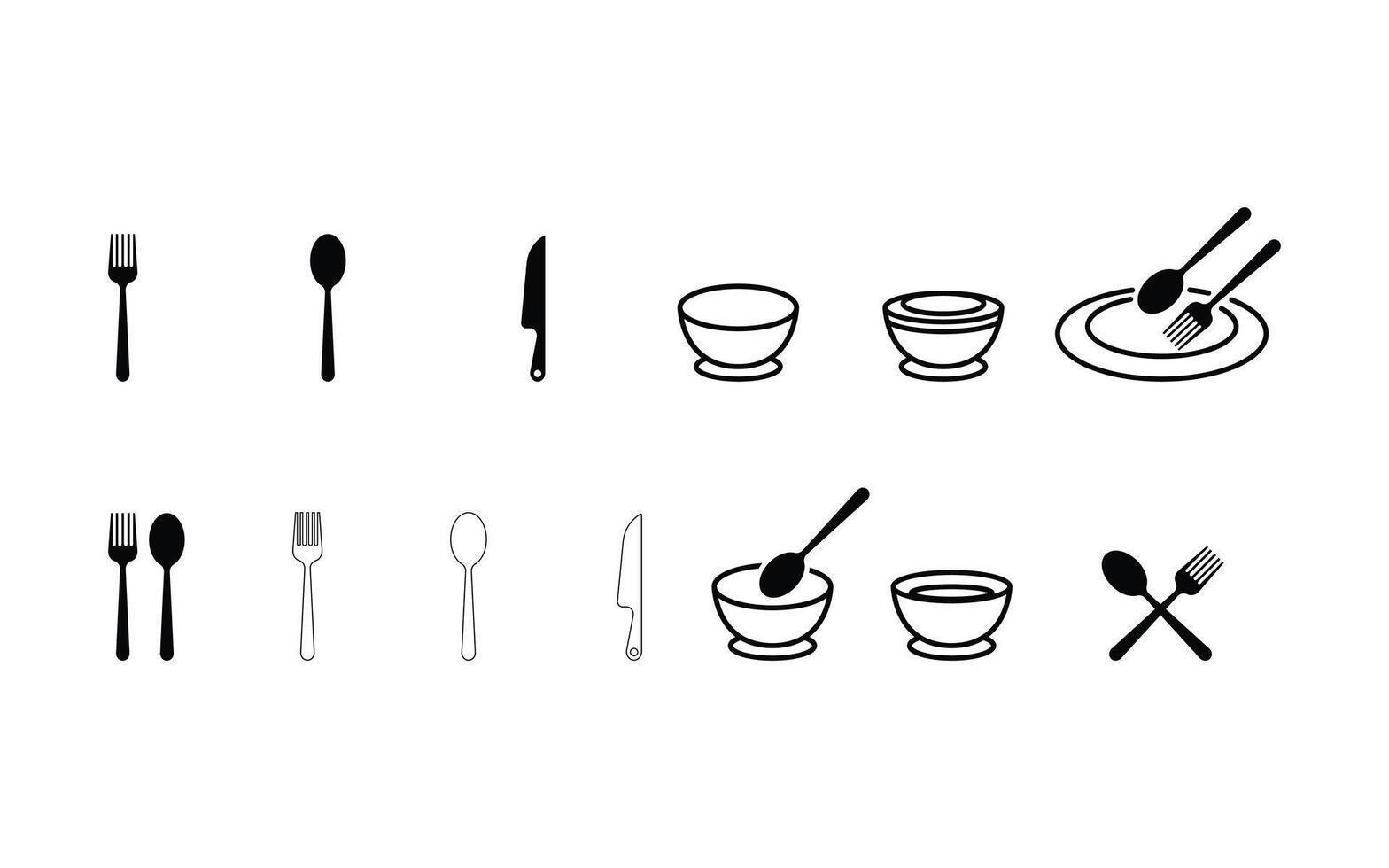 Set of collection icon tableware spoon and fork, knife, tea, soup on white background vector