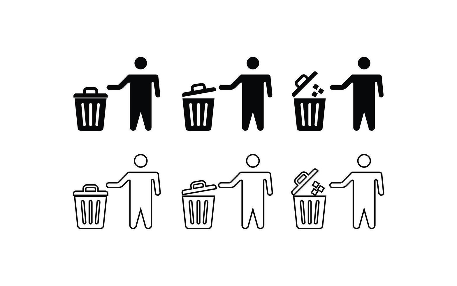 icon of person with trash can and throwing trash inside silhouette and outline design on white background vector