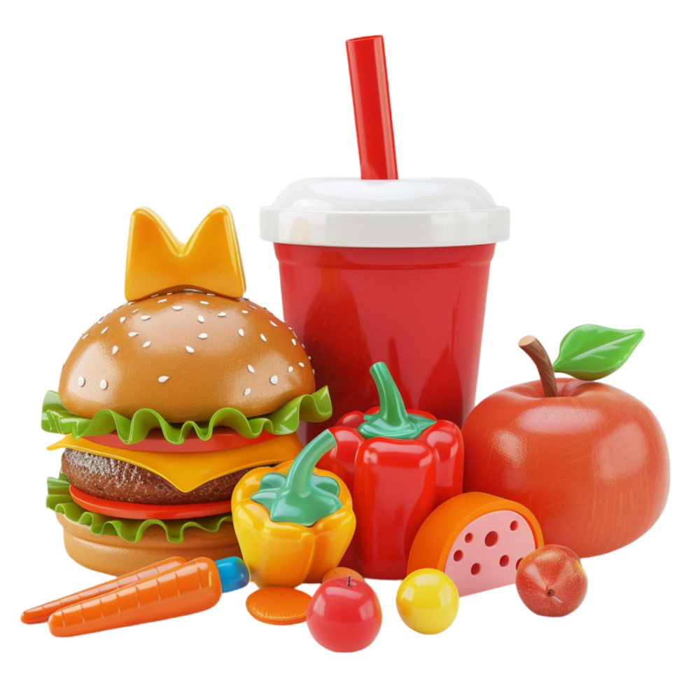 A toy hamburger, a drink, and vegetables On Transparent background. png