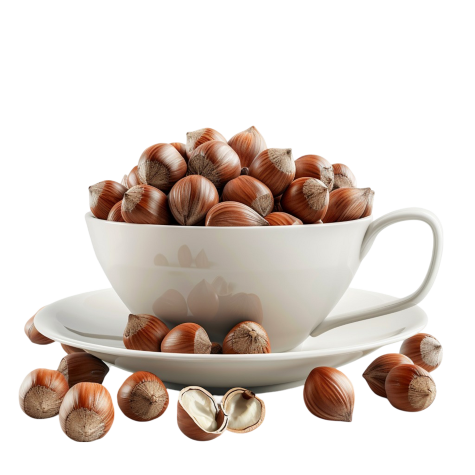 Hazelnuts in a cup and saucer on a transparent background. png