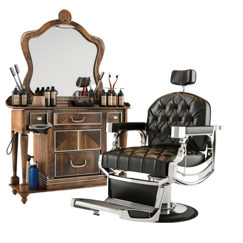 Barber Chair and mirror on transparent background. png