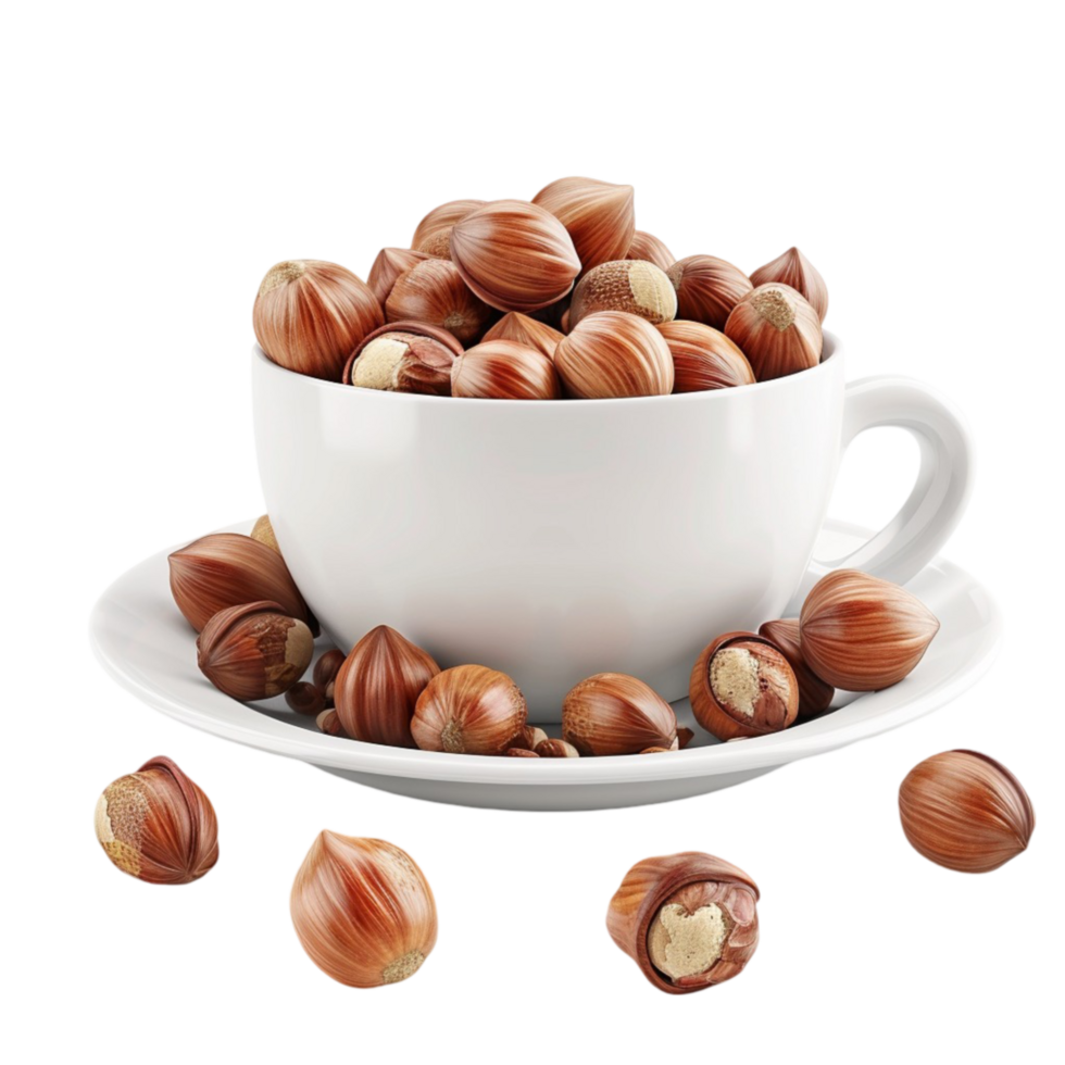 Hazelnuts in a cup and saucer on a transparent background. png