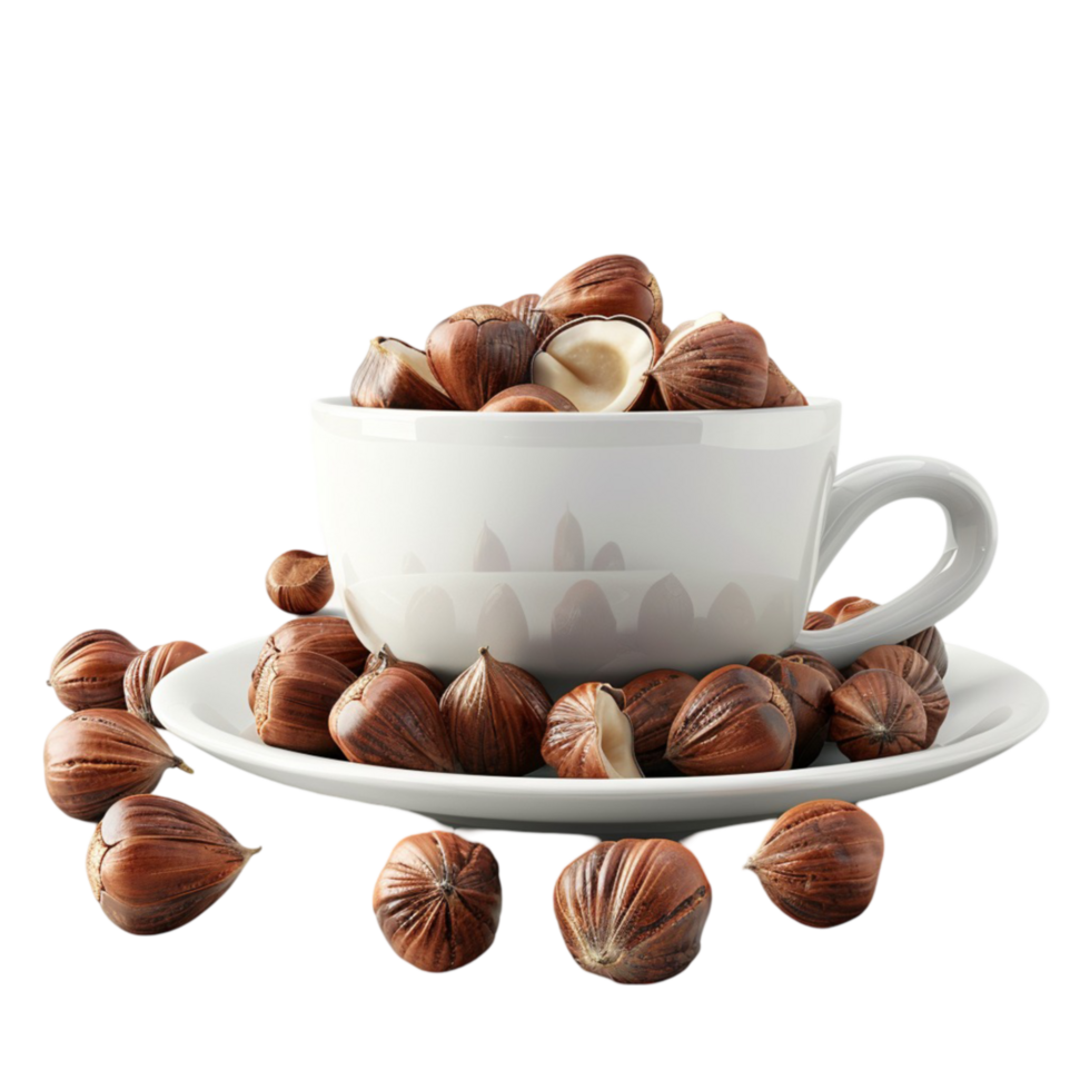 Hazelnuts in a cup and saucer on a transparent background. png