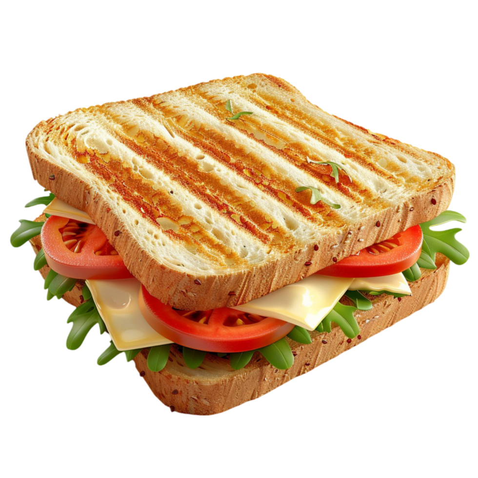 A Sandwich with cheese, tomatoes and lettuce on it On transparent background. png