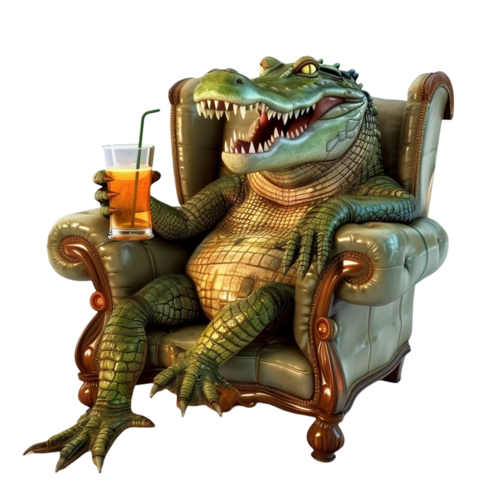 A crocodile sitting in a chair with a drink On transparent background. png
