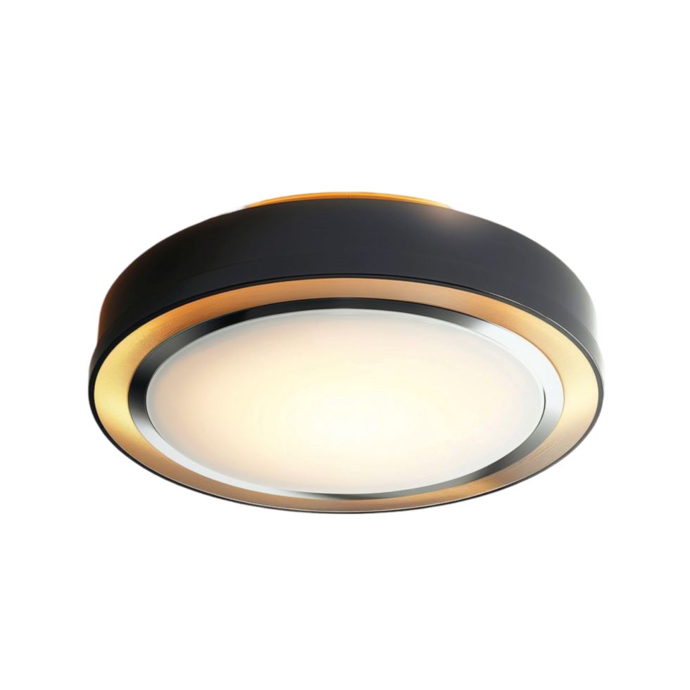 A Black and Gold ceiling light with a white light On transparent background. png