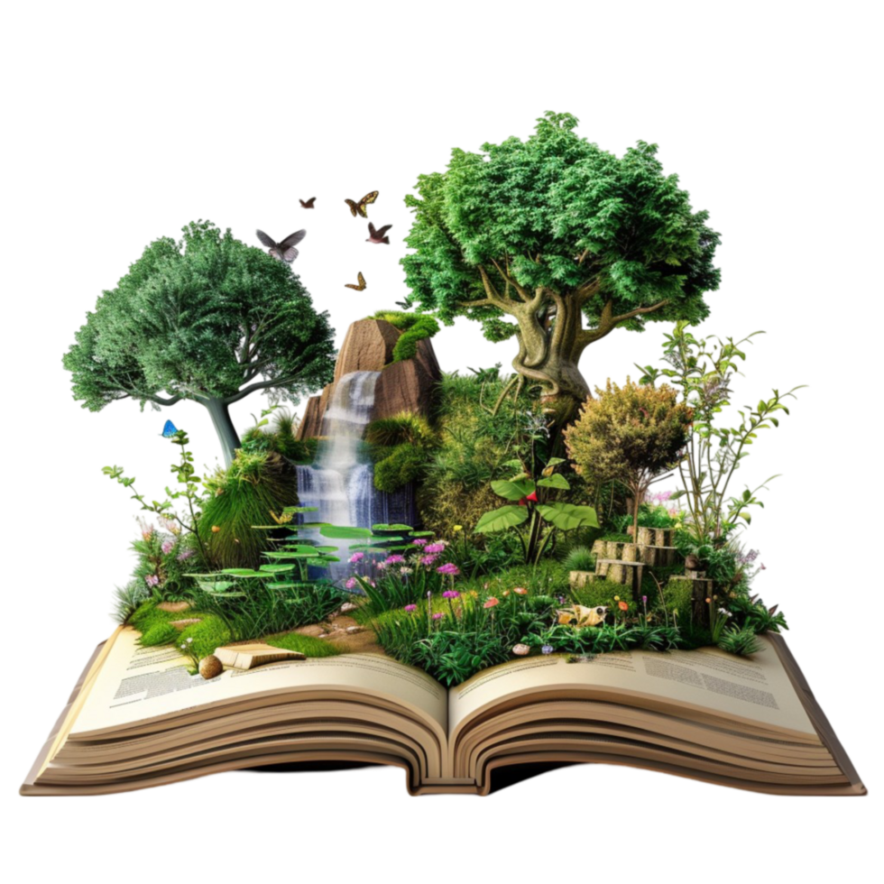 Book with a waterfall and trees On transparent background. png