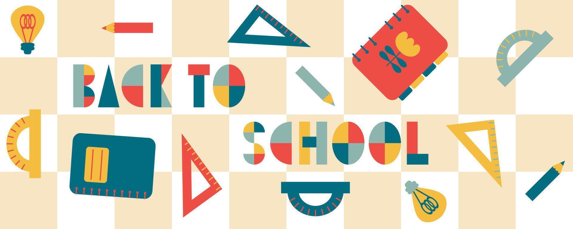 Back to school abstract checkered minimalistic horizontal banner. Perfect print to tee, sticker, cup, mug, card. Hand drawn isolated illustration. vector