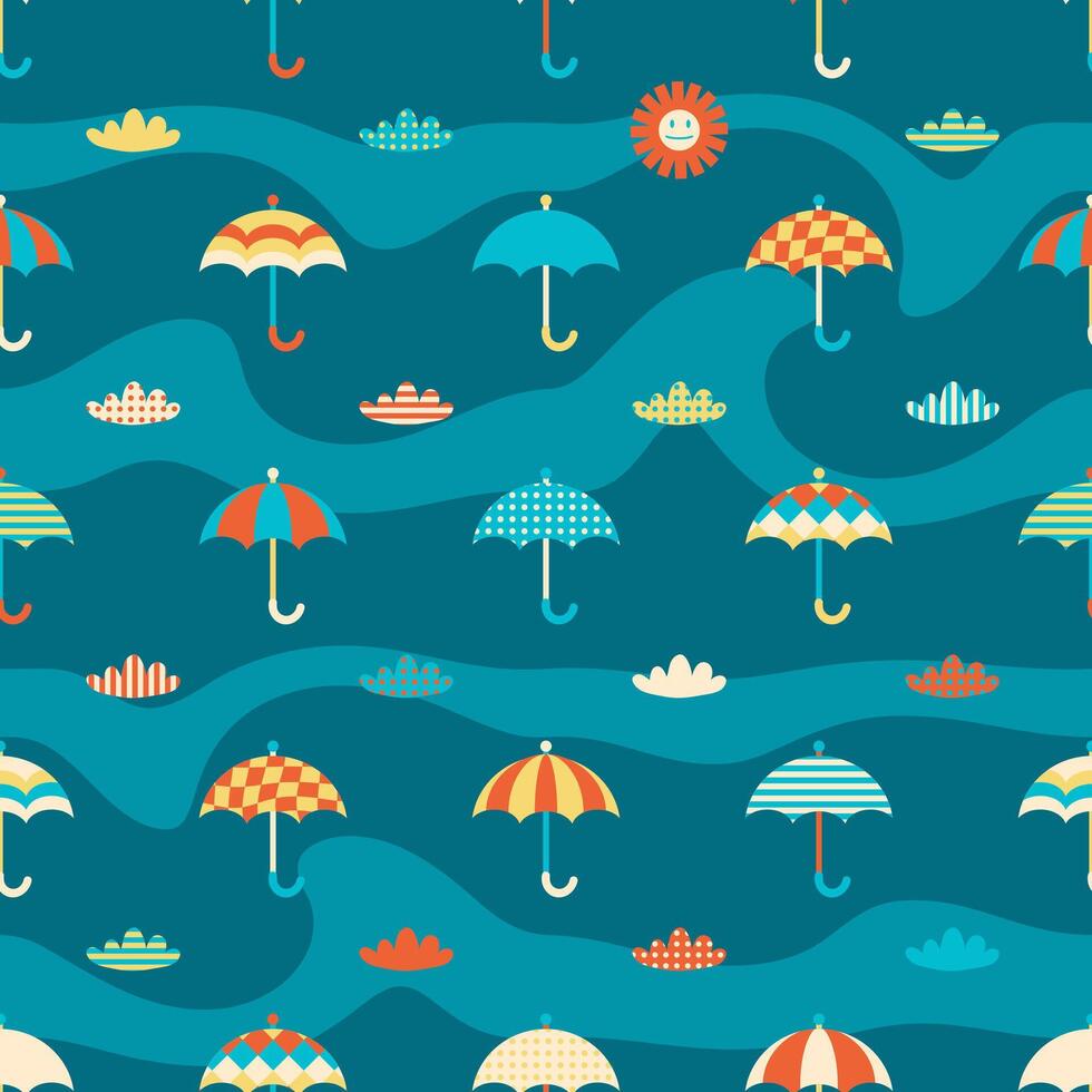 Abstract umbrella on the wavy sky background seamless pattern. Perfect print for textile, fabric, paper. Retro style illustration. vector
