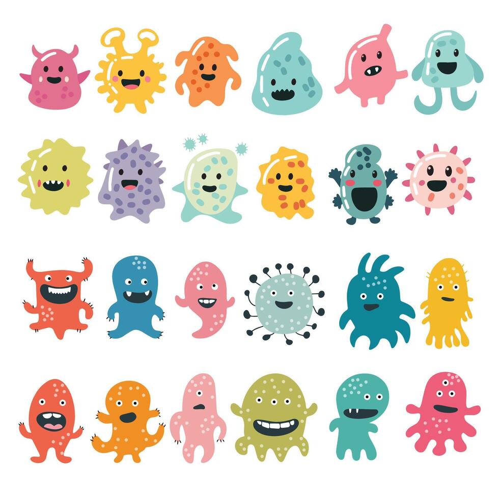 Collection of microbes isolated in flat style. Hand drawn art. vector