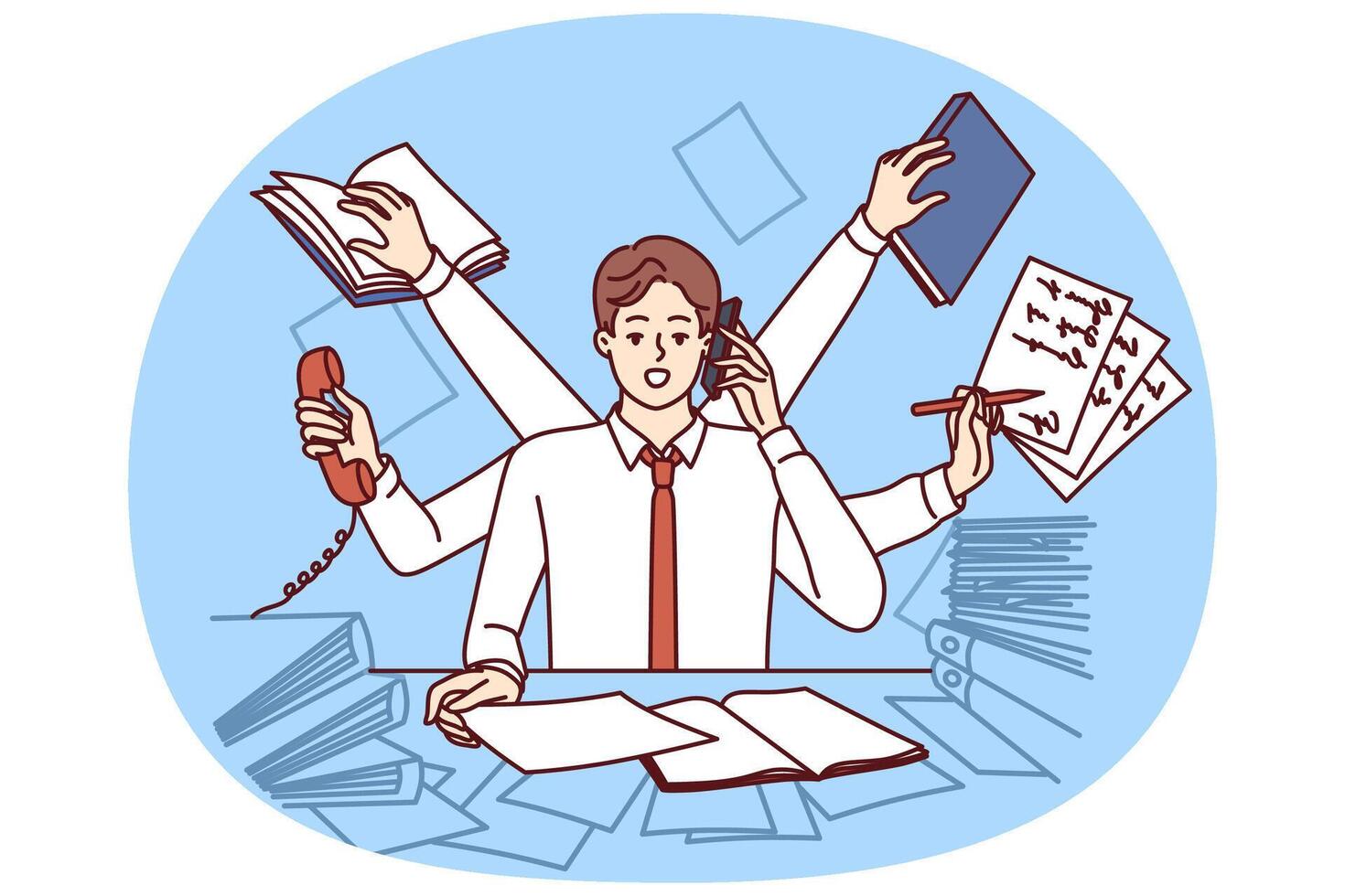 Multi-armed man multitasking with documents and talking on phone sitting in office vector