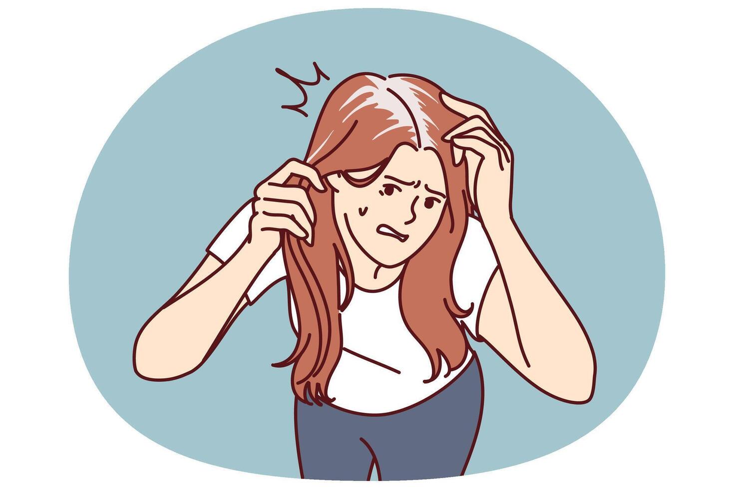 Worried woman with gray hair is nervous due to premature baldness associated with lack of nutrients vector