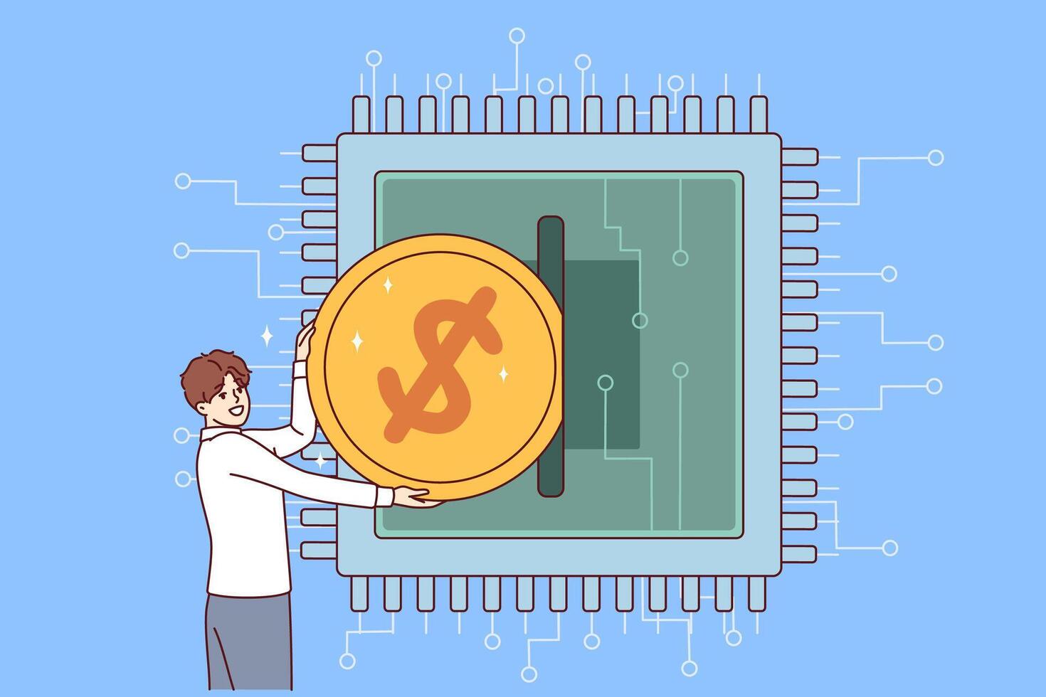 Man invests in development of microchips and semiconductors, by inserting coin into microprocessor vector