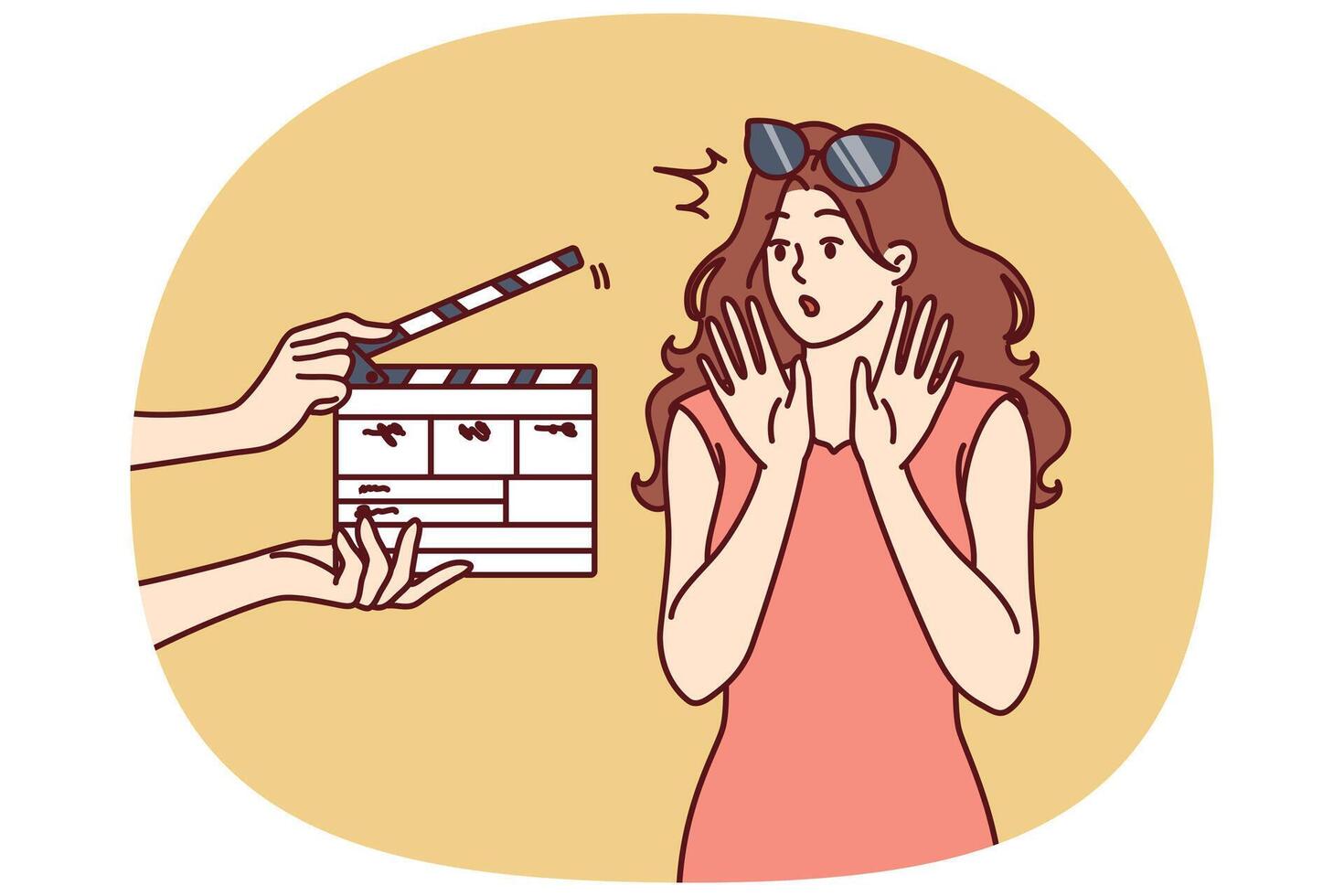 Woman movie star is embarrassed sees clapboard passing casting call for role in popular series vector