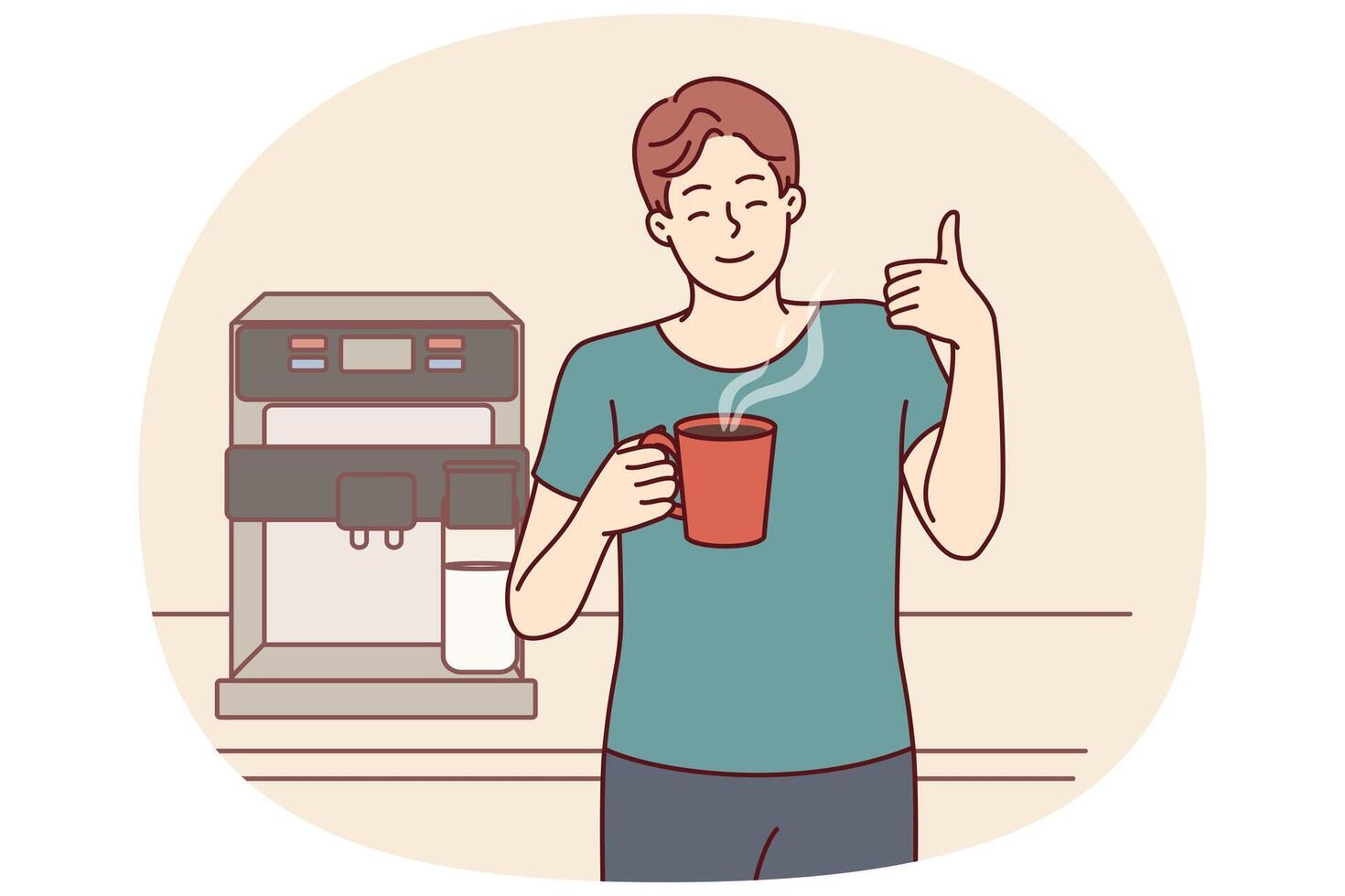 Man drinks coffee from mug standing near machine for making delicious espresso and shows thumbs up vector