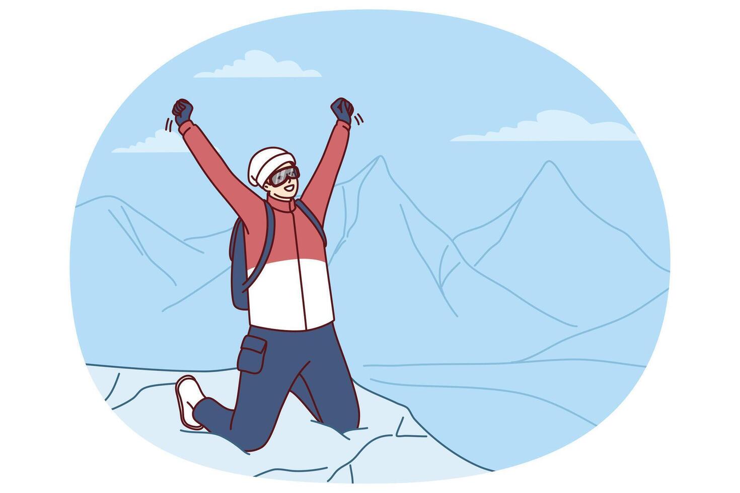 Inspired traveler man stands on mountaintop rejoicing at successful climbing Everest peak vector