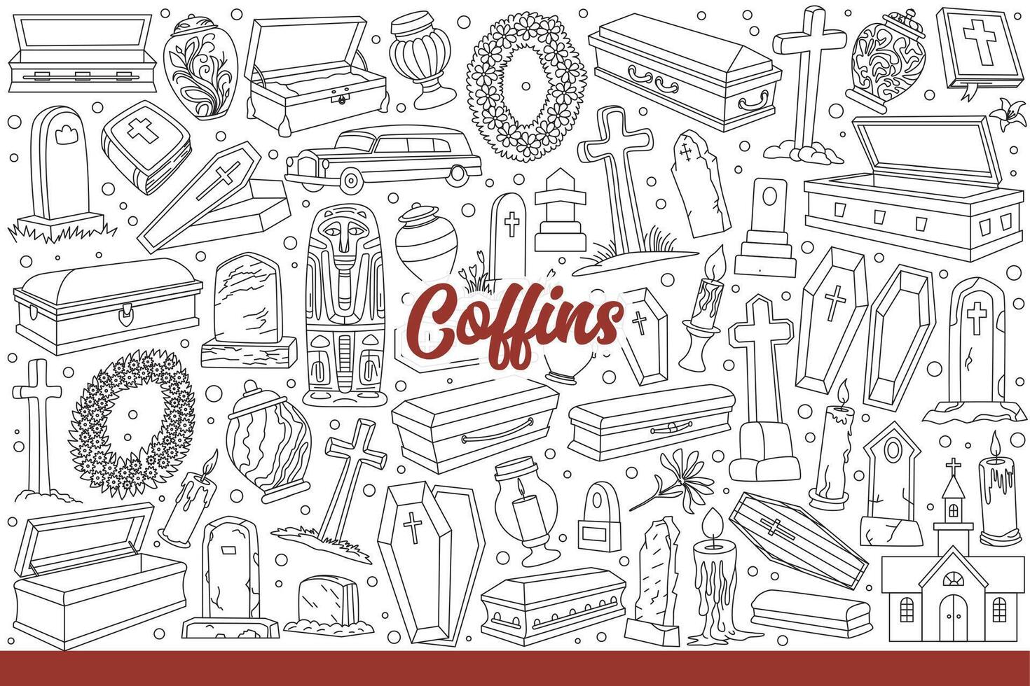 Coffins for funeral of deceased near tombstones and vases for ashes. Hand drawn doodle vector
