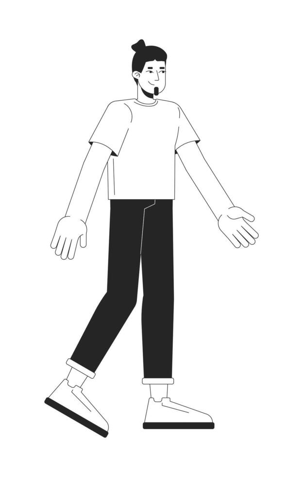 Happy caucasian man walking black and white 2D line cartoon character. Positive european male in casual clothes isolated outline person. Leisure activity monochromatic flat spot illustration vector