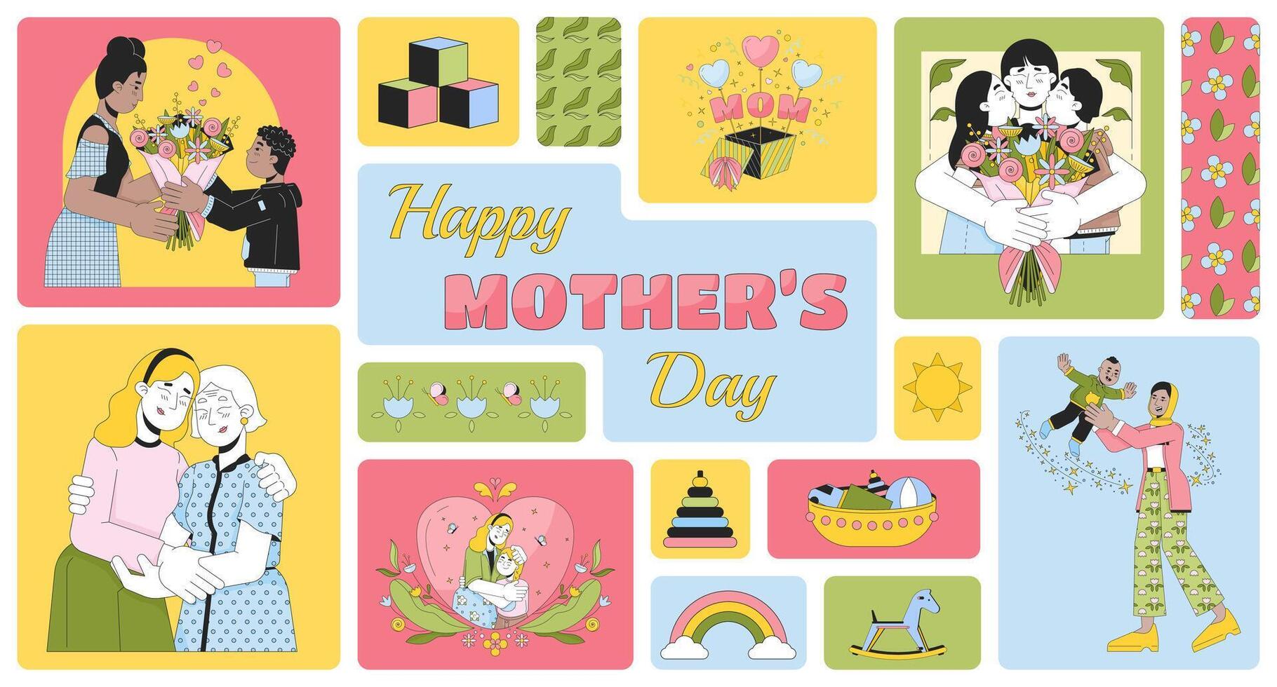 Happy mother day bento grid illustration set. Good warm moment 2D image collage design graphics collection. Gratitude gift. Multinational mom kids and flowers flat characters moodboard layout vector