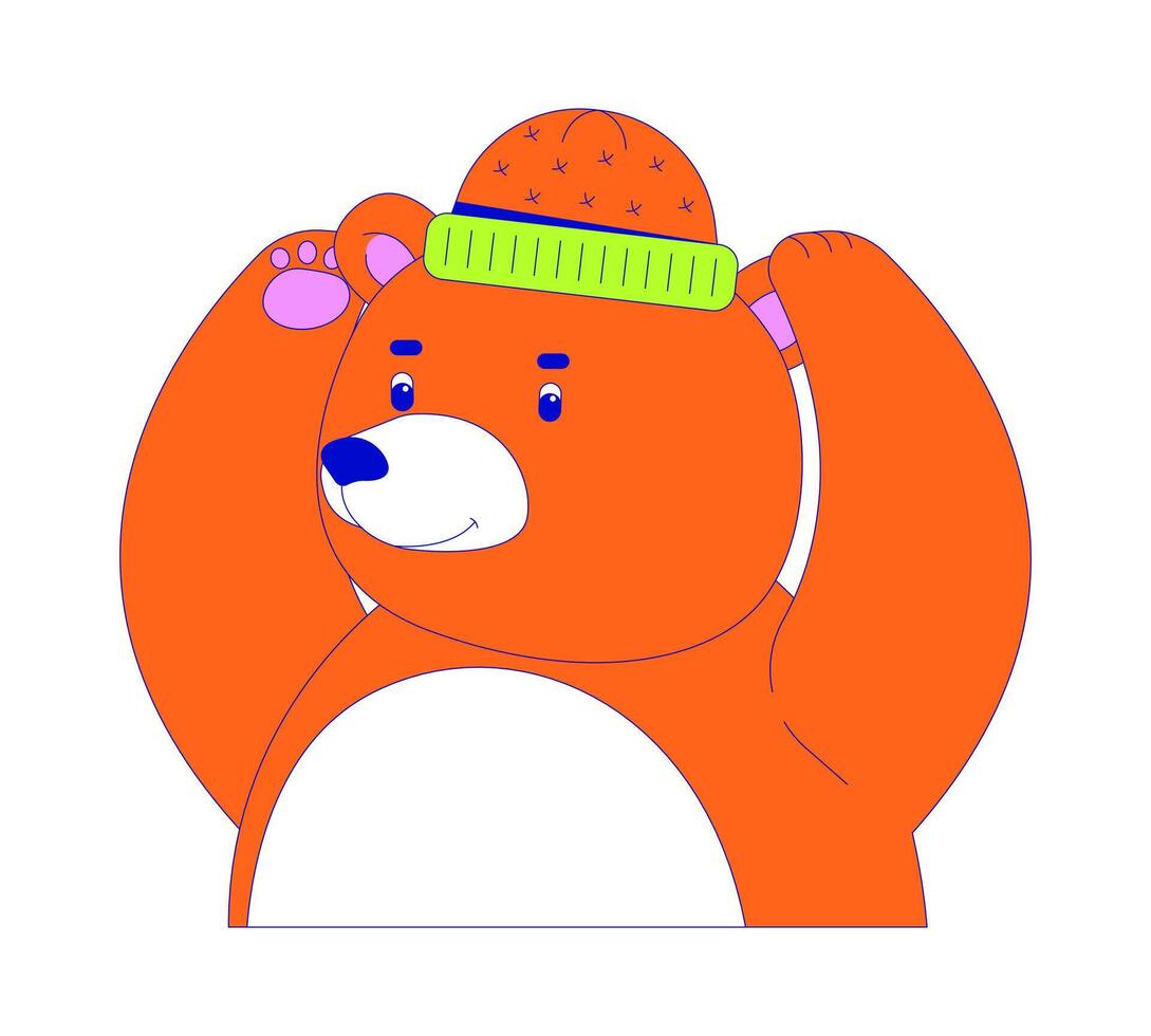Chubby bear putting on warm hat 2D linear cartoon character. Wild animal wearing funny cap isolated line person white background. Trained forest habitat color flat spot illustration vector