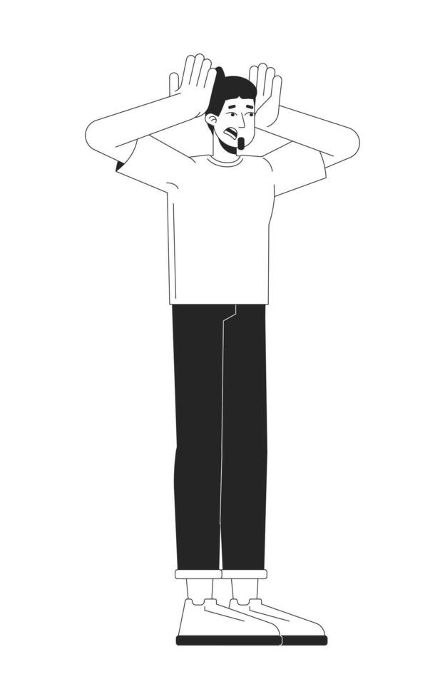 Stressed european man squeezing head black and white 2D line cartoon character. Caucasian male with panic attack isolated outline person. Fear expression monochromatic flat spot illustration vector