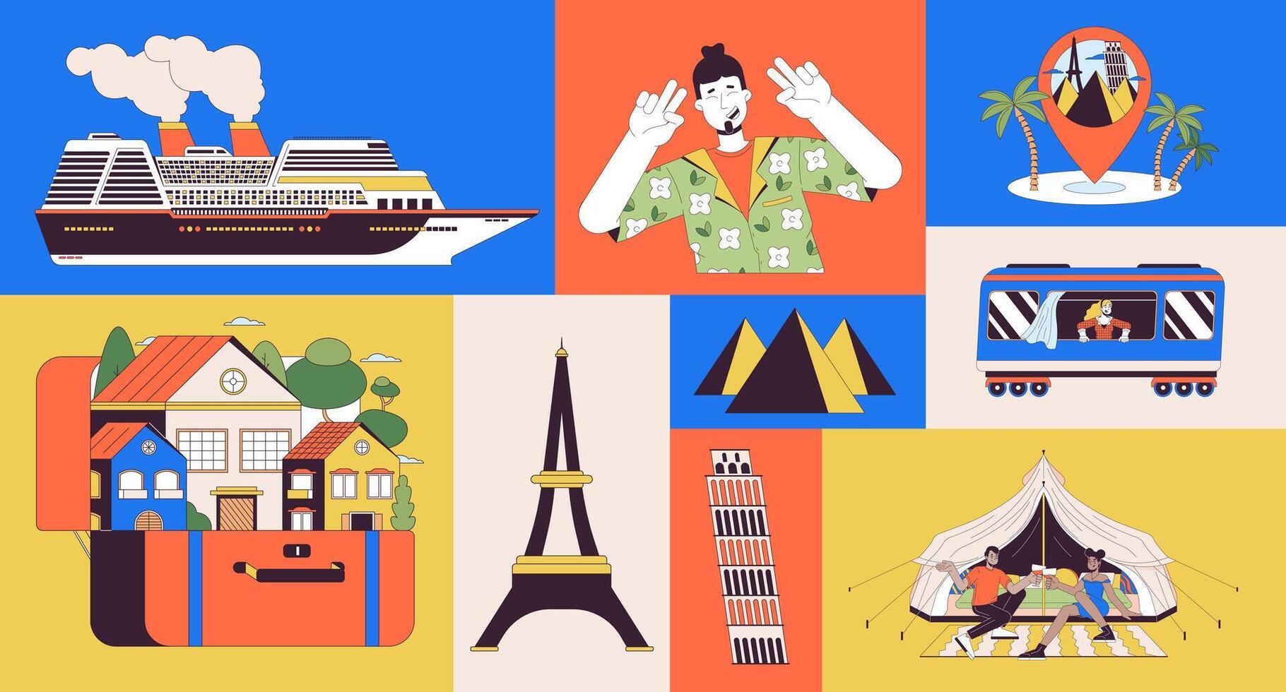 Tourists attraction travelers bento grid illustration set. Railway sea trip 2D image collage design graphics collection. Diverse people traveling outdoors flat characters moodboard layout vector