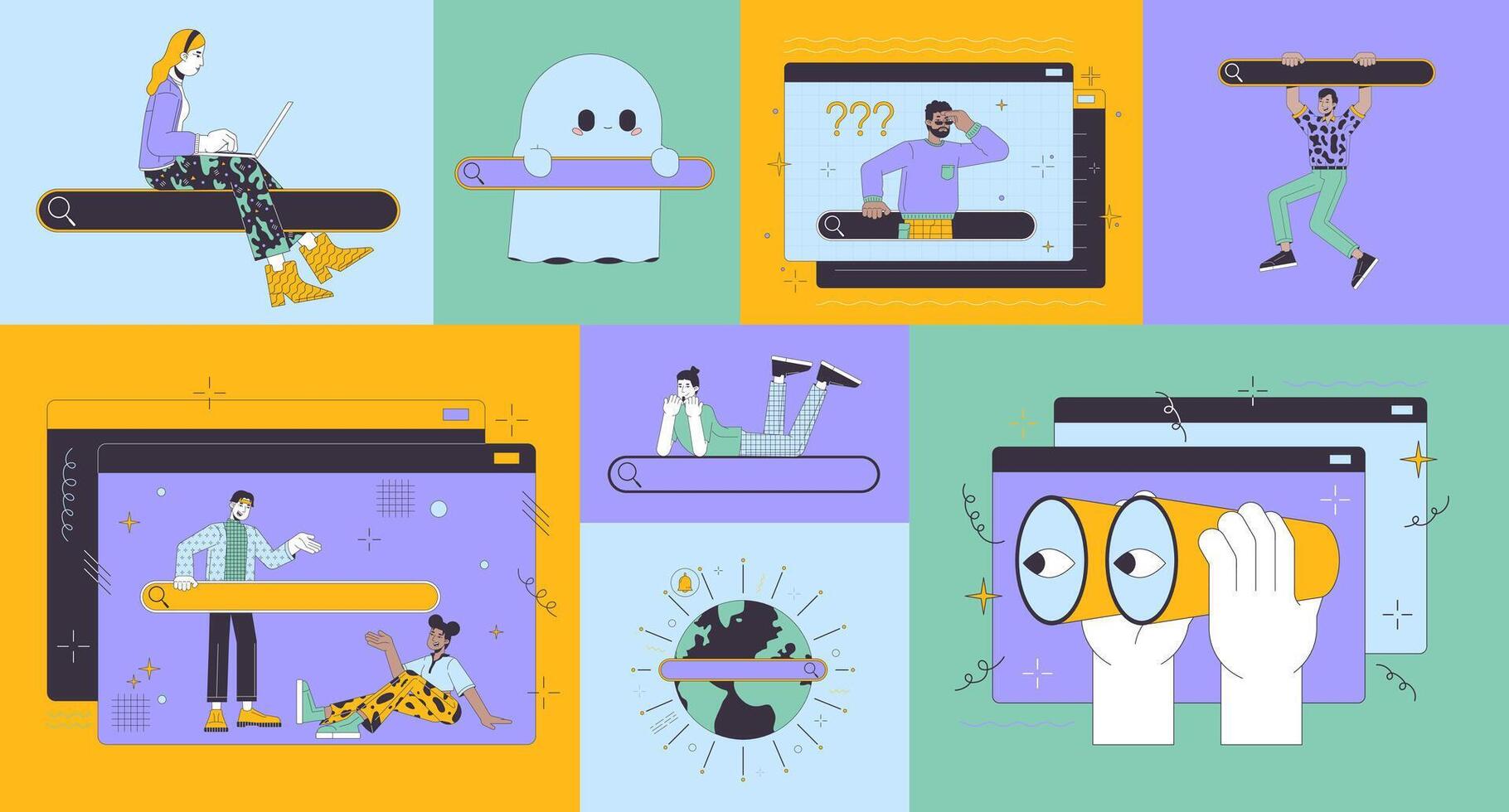 World wide web search bento grid illustration set. Surfing online 2D image collage design graphics collection. Multinational people browsing internet flat characters moodboard layout vector