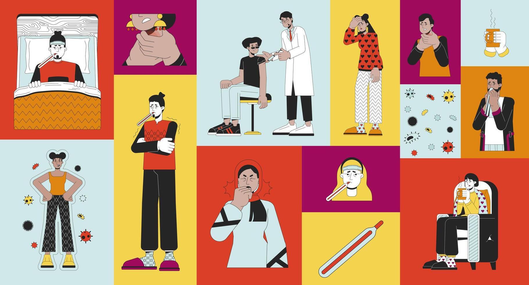 Staying sick at home bento grid illustration set. Fever high, cold symptoms, immunization 2D image collage design graphics collection. Multinational sick people flat characters moodboard layout vector