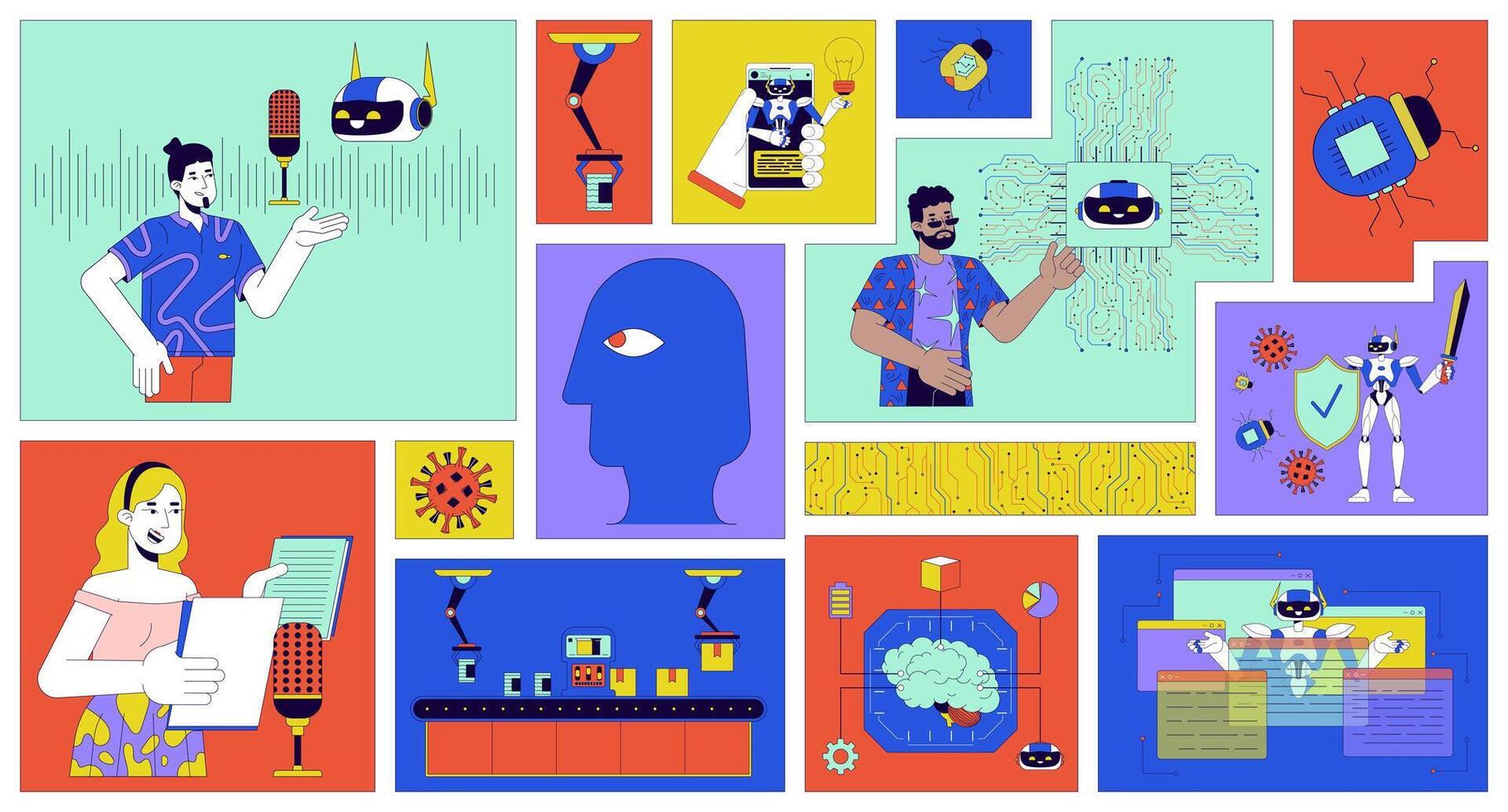 AI technologies people bento grid illustration set. Innovations 2D image collage design graphics collection. Voiceover artist, artificial intelligence engineers flat characters moodboard layout vector