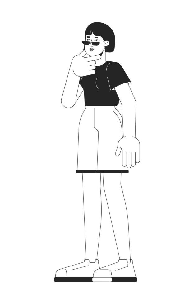 Korean female stroking chin black and white 2D line cartoon character. Pensive young adult woman isolated outline person. Thoughtful. Thinking pondering monochromatic flat spot illustration vector