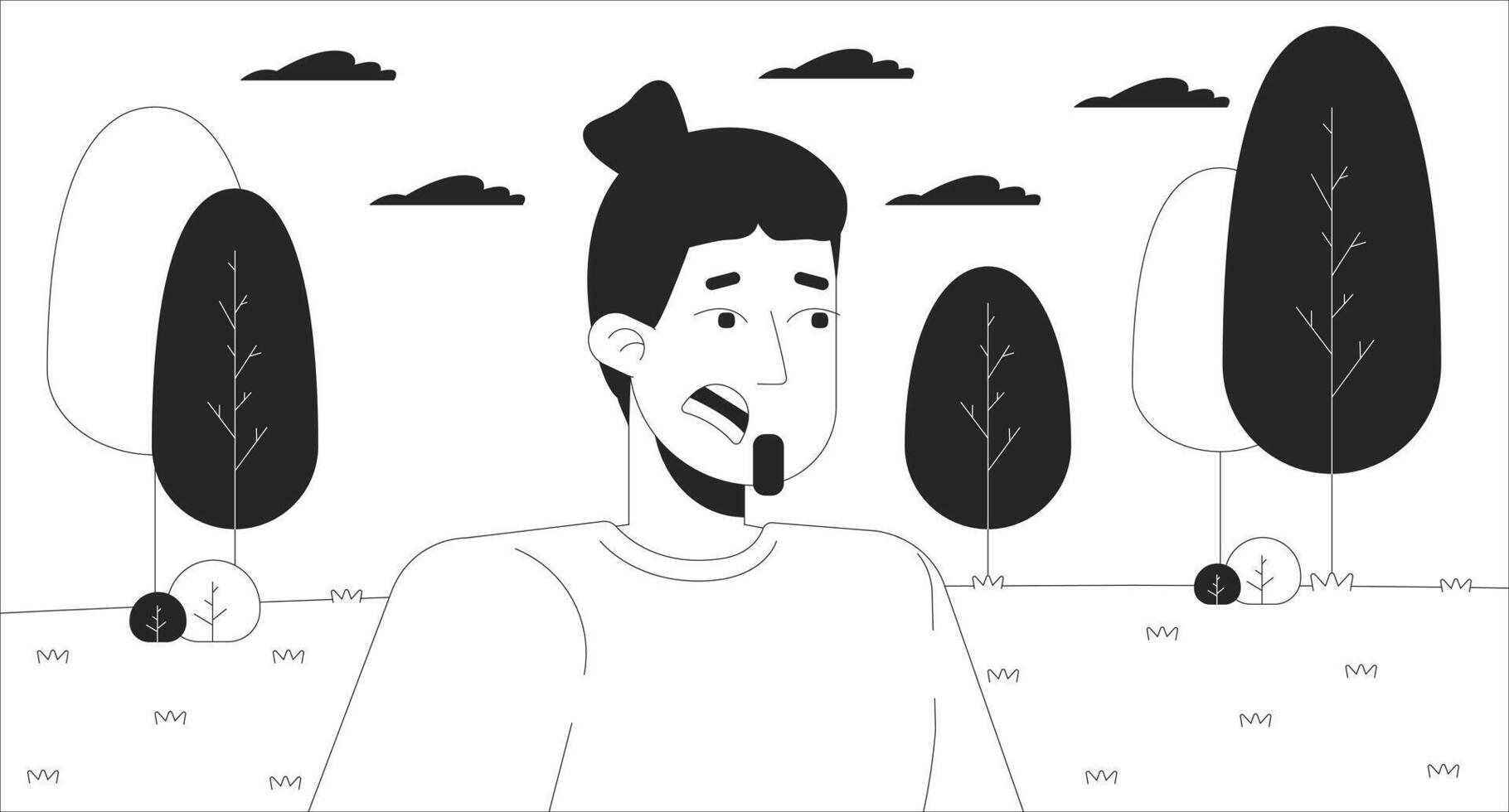 Scared man in summer park black and white cartoon flat illustration. Shocked european male expressing negative emotions 2D lineart character isolated. Lost in forest monochrome scene outline vector