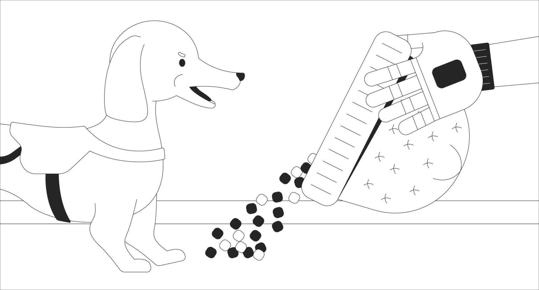 Prosthetic arm pouring food from hat to dog black and white 2D illustration concept. Feeding pet from cap bowl outline cartoon scene background. Animal care metaphor metaphor monochrome art vector