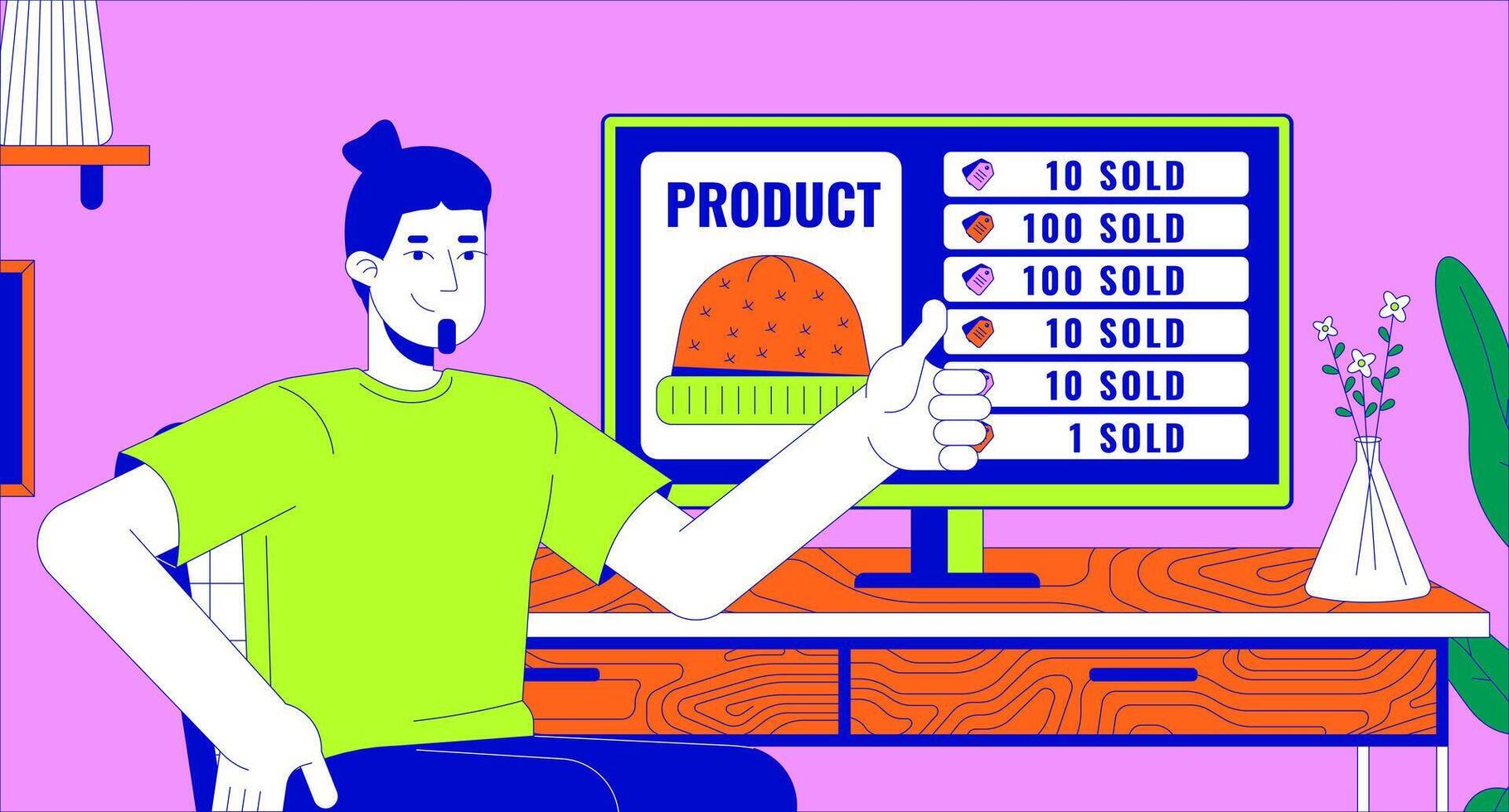 Caucasian man showing thumbs up happy of successful sales 2D linear illustration concept. Entrepreneur selling hats online cartoon scene background. E commerce metaphor abstract flat graphic vector