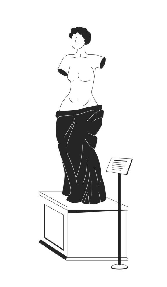 Greek female statue exhibit black and white 2D line cartoon object. Ancient Greece famous sculpture isolated outline item. Venus Aphrodite museum exhibition monochromatic flat spot illustration vector