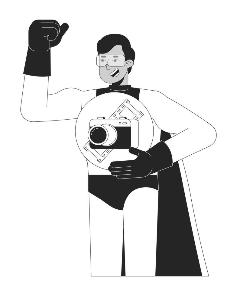 Strong hindu man hero holding camera black and white 2D line cartoon character. Male superhero sharing power of graphy isolated outline person. Art monochromatic flat spot illustration vector