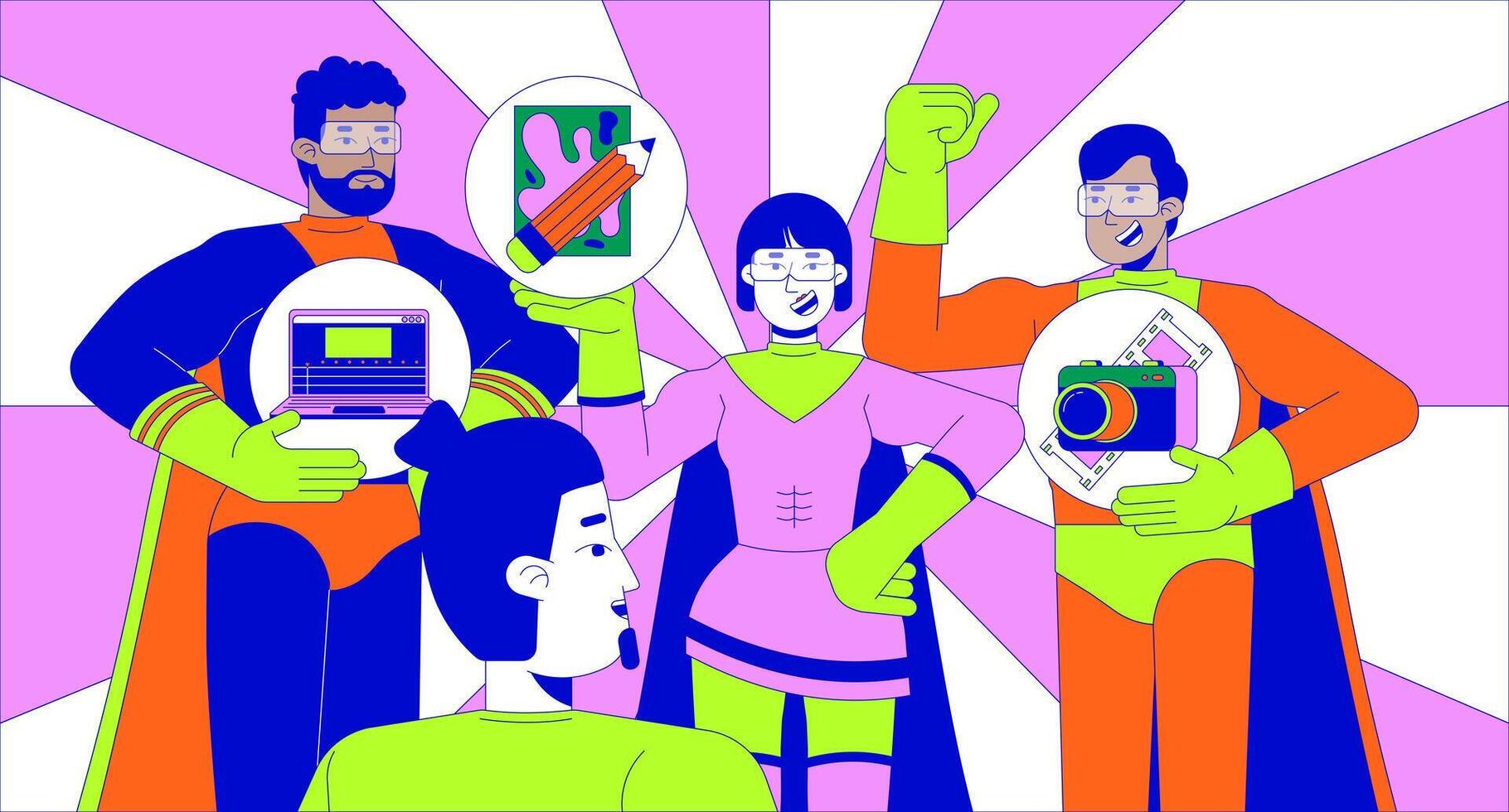 Multiracial superheroes team helping caucasian man to find hobby 2D linear illustration concept. Supportive friends group cartoon scene background. Lifestyle metaphor abstract flat graphic vector