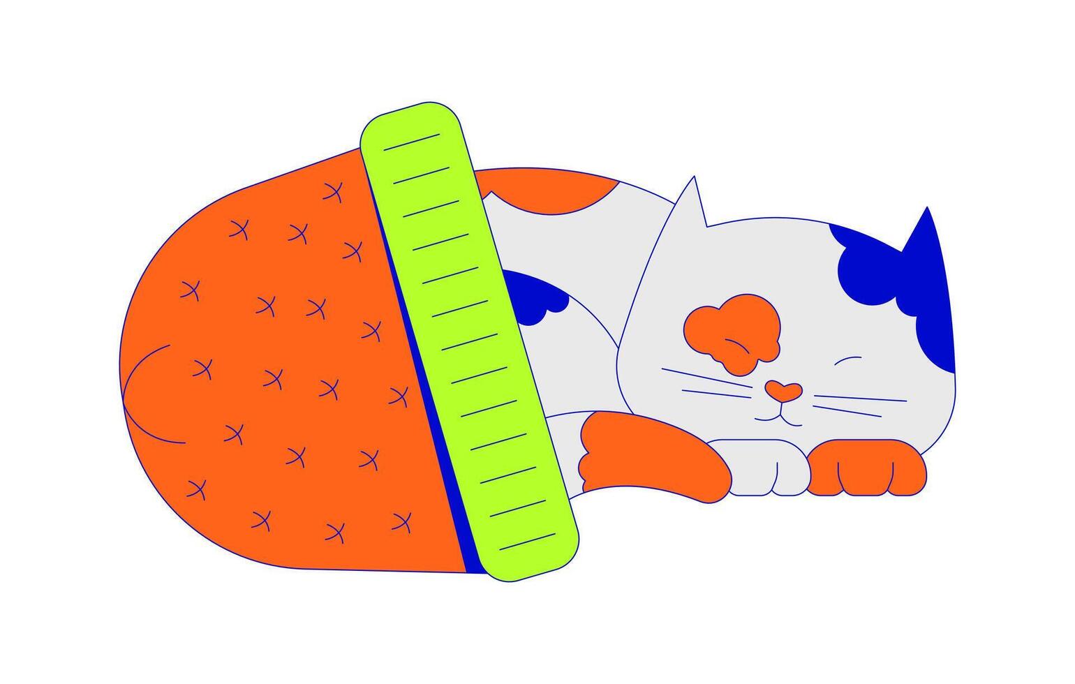 Cute calico cat sleeping in hat 2D linear cartoon character. Tired kitten finding shelter in warm clothes isolated line personage white background. Pet care color flat spot illustration vector
