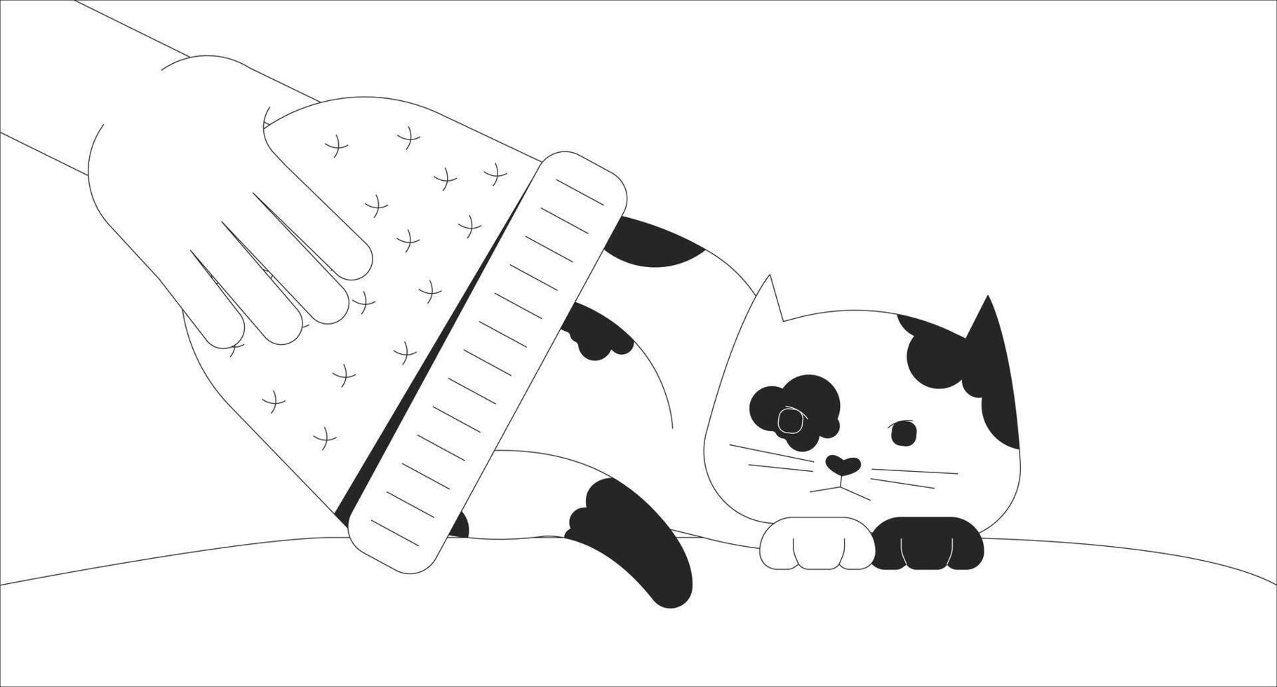 Owner covering cat with hat black and white 2D illustration concept. Person comforting calico kitten outline cartoon scene background. Taking care of animal metaphor metaphor monochrome art vector
