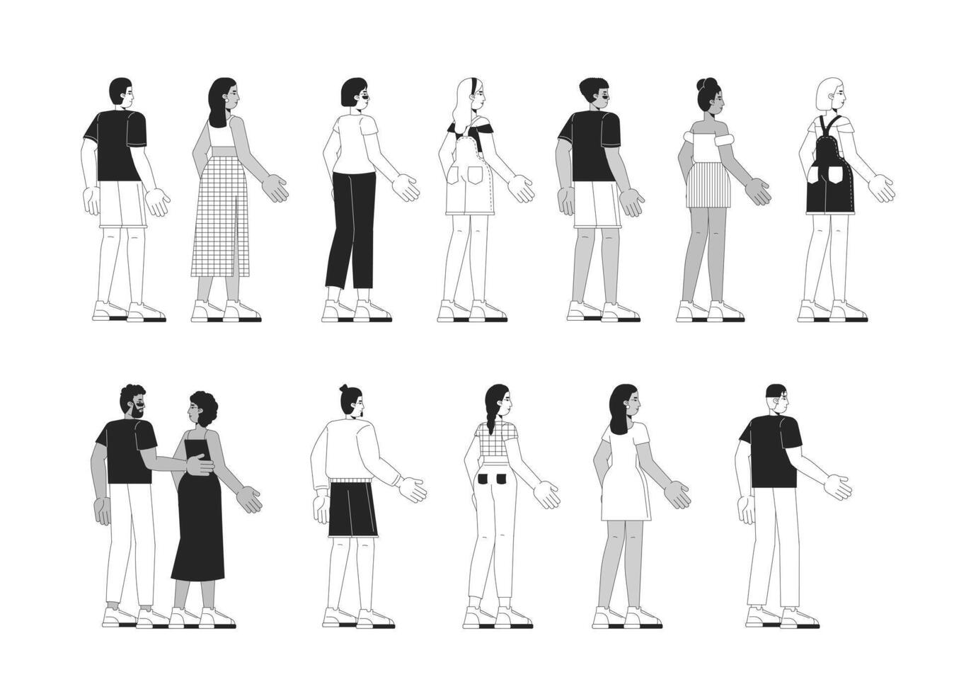 Standing back view multicultural adults black and white 2D line cartoon characters set. Summer outfit tourists isolated outline people. Casual attire monochromatic flat spot illustrations vector