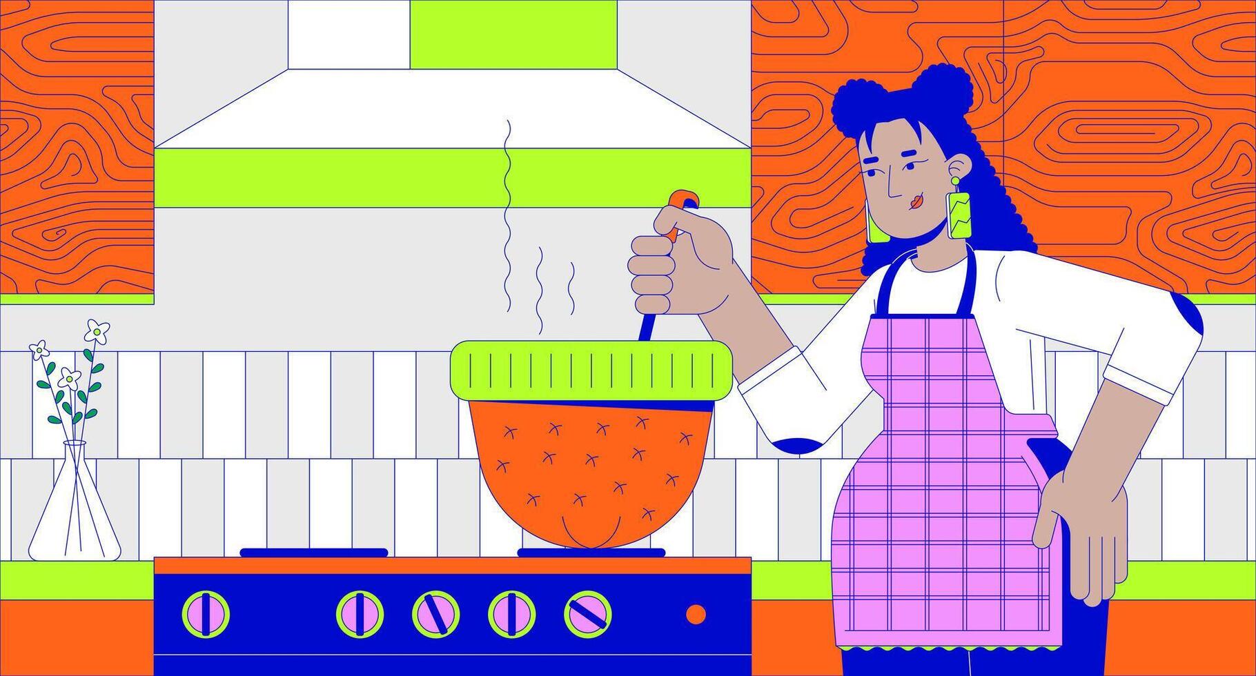 Latin american woman cooking in hat cartoon flat illustration. Hispanic female using cap as pot in kitchen 2D line character colorful background. Lifestyle scene storytelling image vector