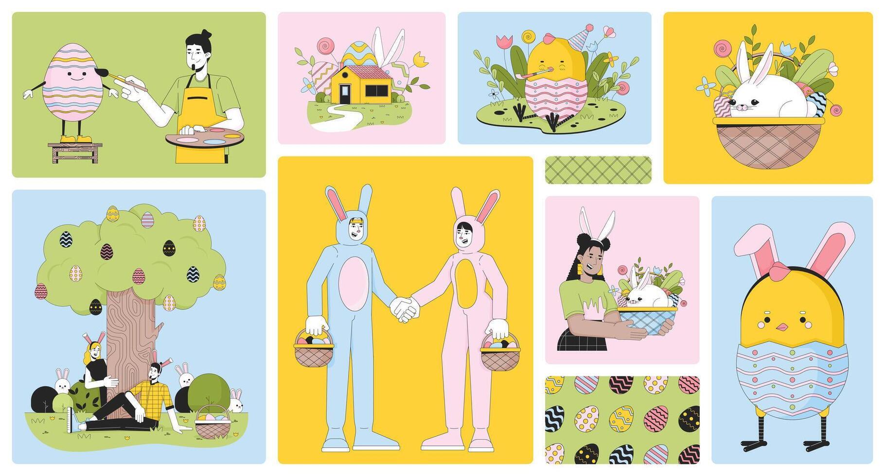 Paschal Eastertime celebrating bento grid illustration set. Painting eastereggs 2D image collage design graphics collection. Easter bunny costume diverse adults flat characters moodboard layout vector